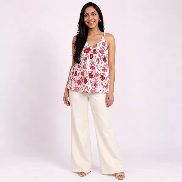 White_Pure_Cotton_Flowy_Floral_Camisole_Short_Kurti_For_Women