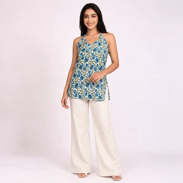 Blue_Pure_Cotton_Sleeveless_Floral_Print_Short_Kurti_For_Women