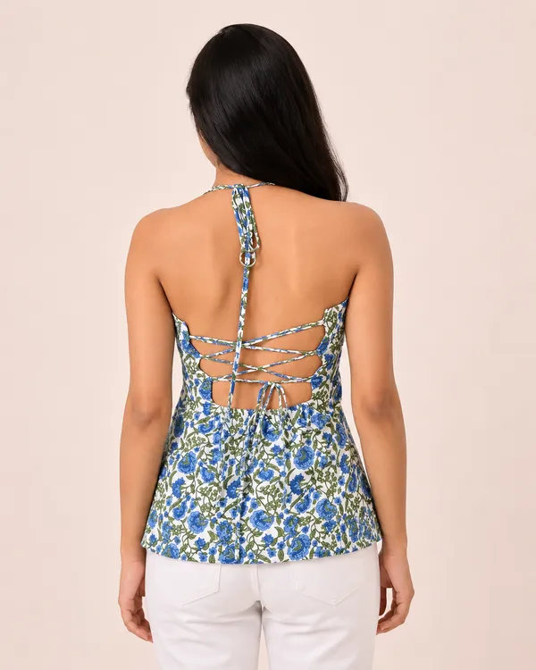 Blue_Pure_Cotton_Sleeveless_Floral_Print_Short_Kurti_For_Women