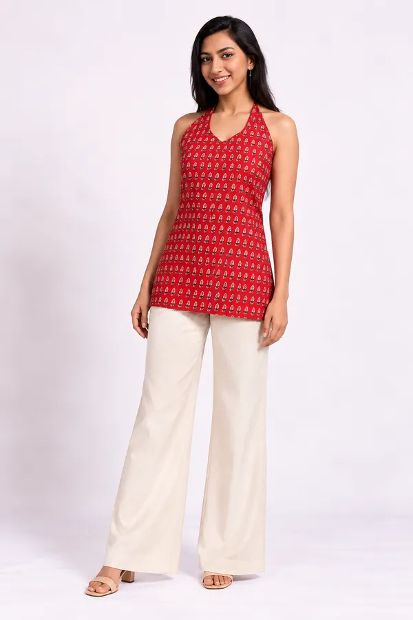 Red_Pure_Cotton_Sleeveless_Motif_Print_Short_Kurti_For_Women