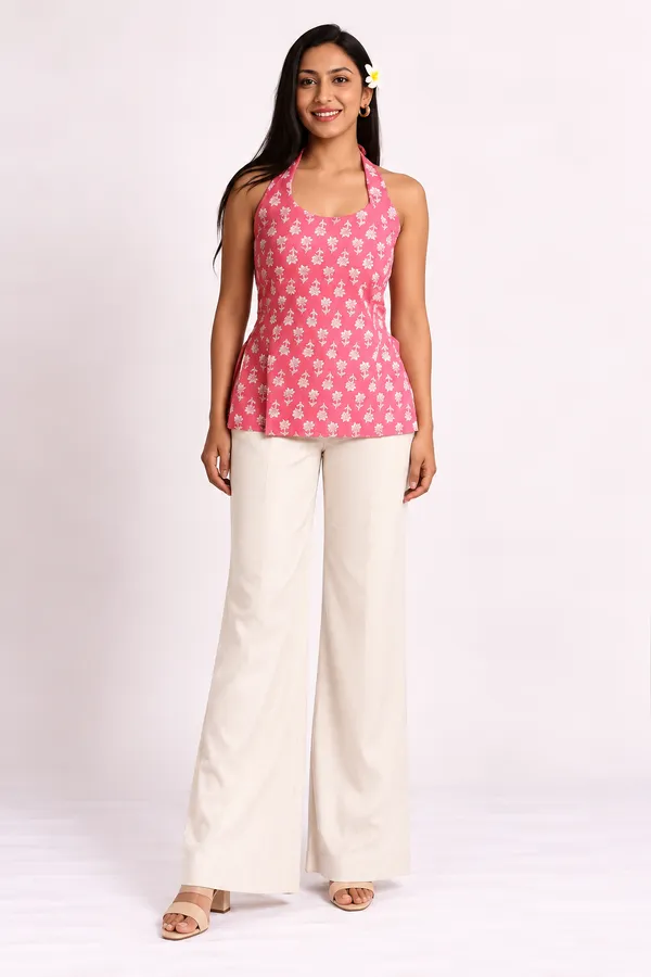 Pink_Pure_Cotton_Sleeveless_Floral_Halter_Short_Kurti_For_Women