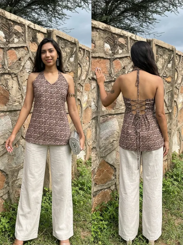 Cream_Pure_Cotton_Sleeveless_Floral_Short_Kurti_For_Women