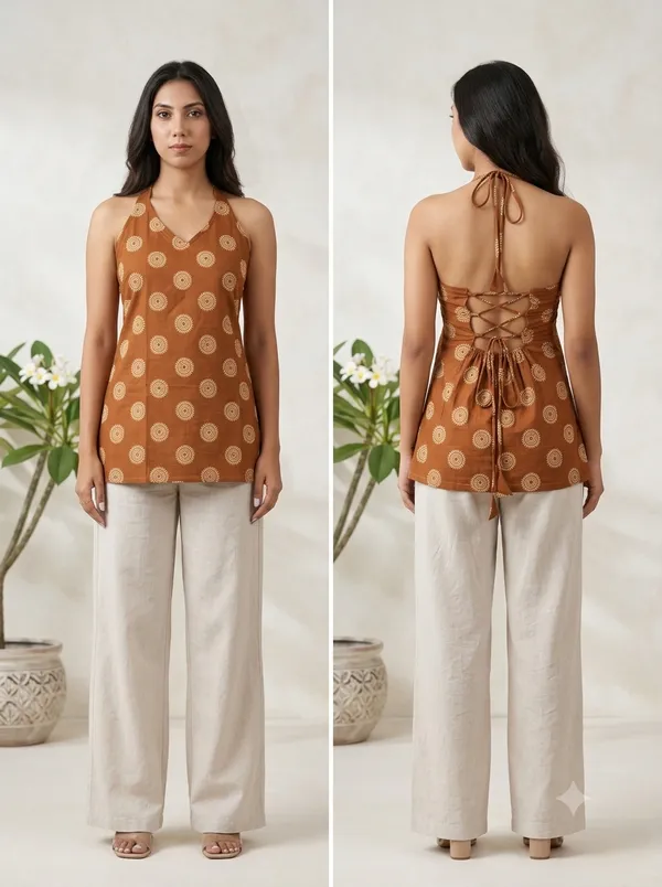 Rust_Pure_Cotton_Sleeveless_Printed_Short_Kurti_For_Women
