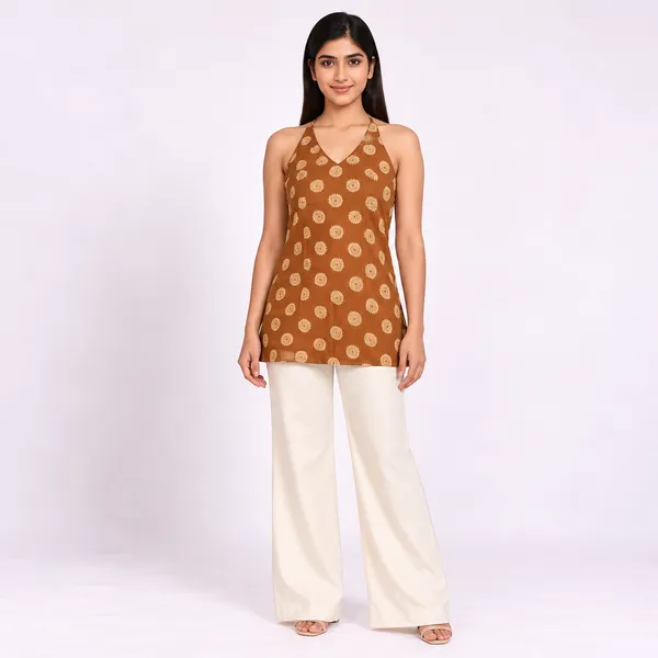 Rust_Pure_Cotton_Sleeveless_Printed_Short_Kurti_For_Women