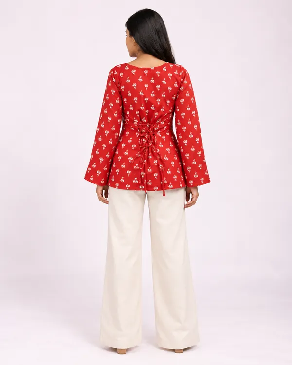 Red_Pure_Cotton_Bell_Sleeve_Floral_Short_Kurti_For_Women