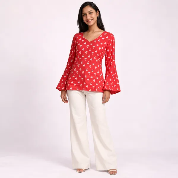 Red_Pure_Cotton_Bell_Sleeve_Floral_Short_Kurti_For_Women