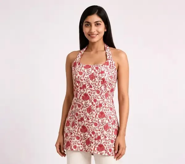 Pink_Pure_Cotton_Sleeveless_Halter_Floral_Short_Kurti_For_Women