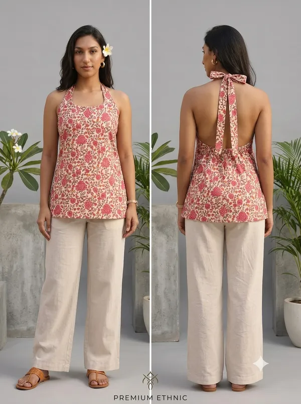 Pink_Pure_Cotton_Sleeveless_Halter_Floral_Short_Kurti_For_Women