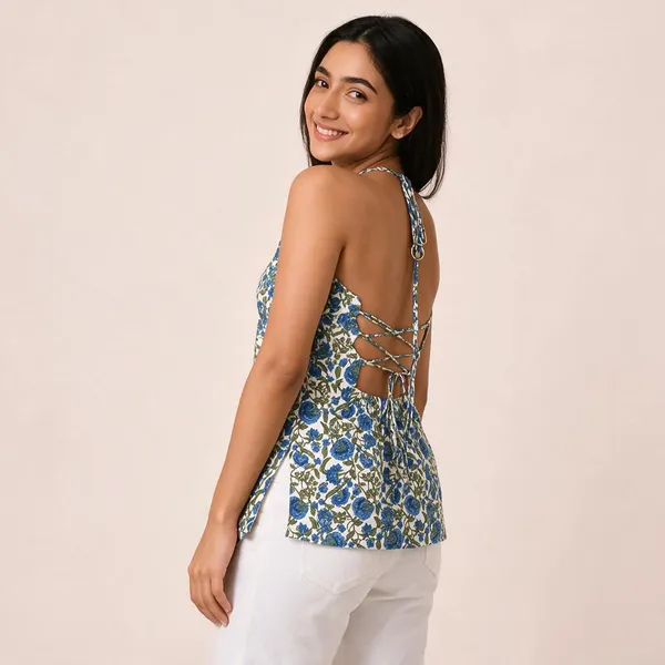 Blue_Pure_Cotton_Sleeveless_Floral_Print_Short_Kurti_For_Women