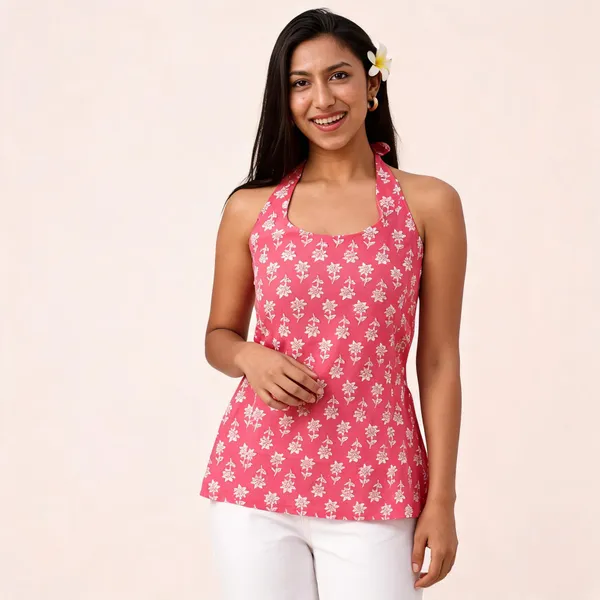 Pink_Pure_Cotton_Sleeveless_Floral_Halter_Short_Kurti_For_Women
