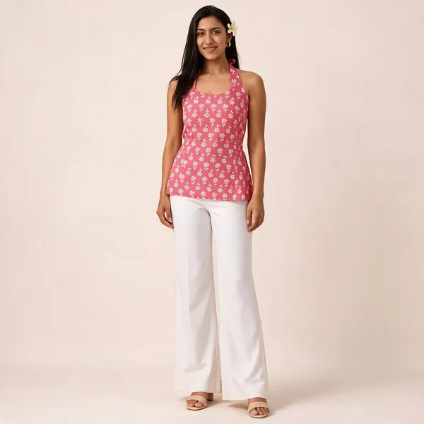 Pink_Pure_Cotton_Sleeveless_Floral_Halter_Short_Kurti_For_Women