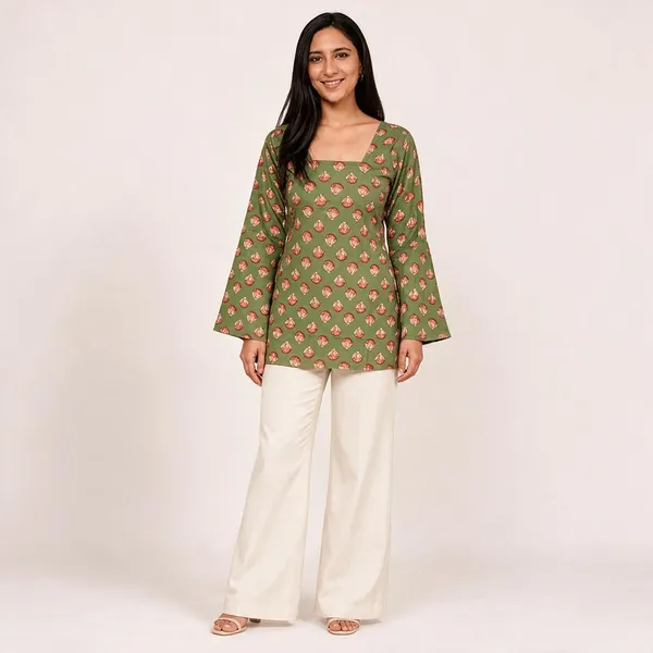 Green_Pure_Cotton_Floral_Print_Short_Kurti_For_Women