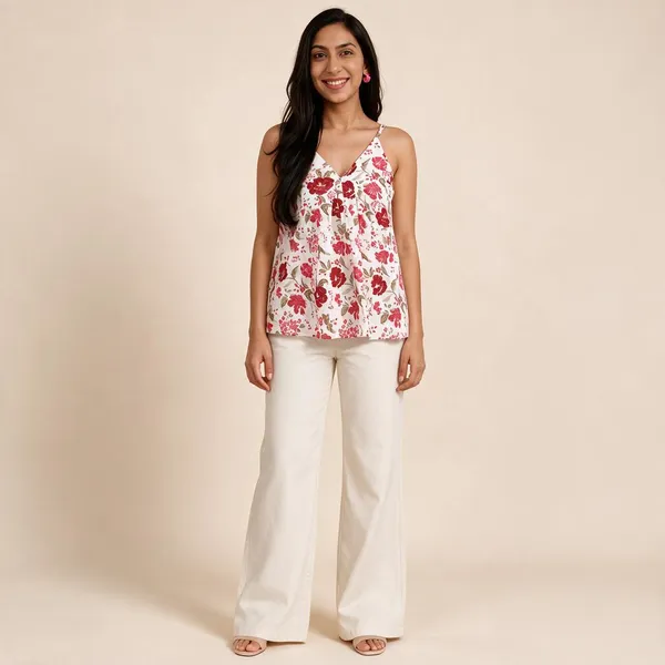 White_Pure_Cotton_Flowy_Floral_Camisole_Short_Kurti_For_Women