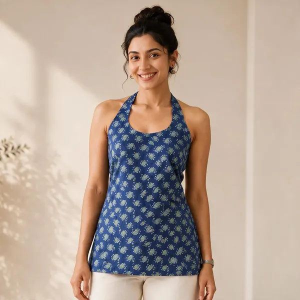 Blue_Pure_Cotton_Sleeveless_Floral_Short_Kurti_For_Women