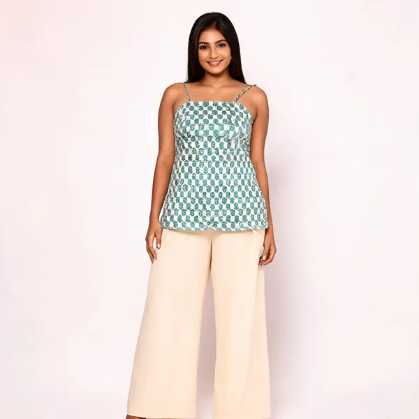Blue_Pure_Cotton_Geometric_Print_Spaghetti_Short_Kurti_For_Women