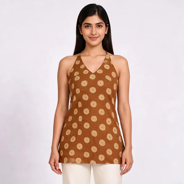 Rust_Pure_Cotton_Sleeveless_Printed_Short_Kurti_For_Women