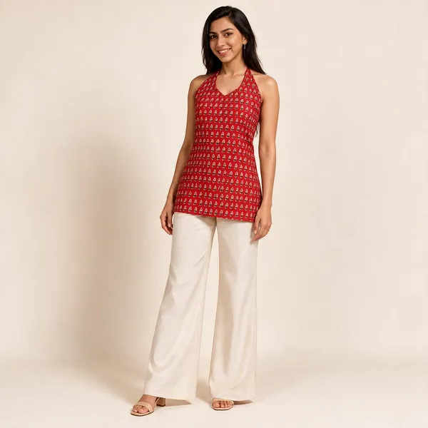 Red_Pure_Cotton_Sleeveless_Motif_Print_Short_Kurti_For_Women