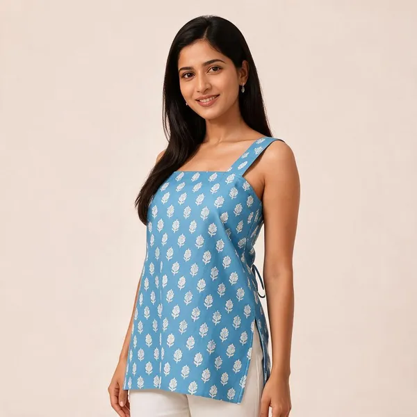 Blue_Pure_Cotton_Sleeveless_Floral_Print_Short_Kurti_For_Women