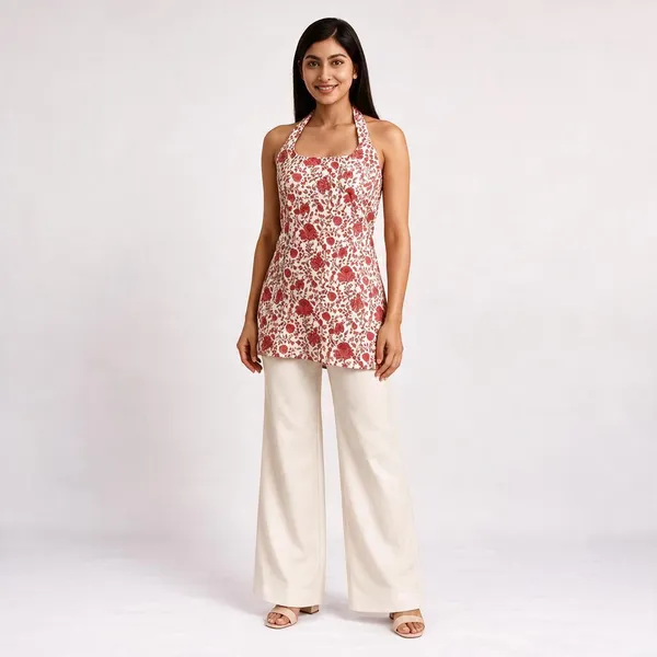 Pink_Pure_Cotton_Sleeveless_Halter_Floral_Short_Kurti_For_Women