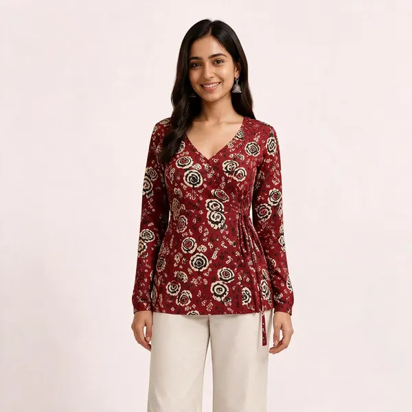 Maroon_Pure_Cotton_Regular_Fit_Floral_Short_Kurti_For_Women