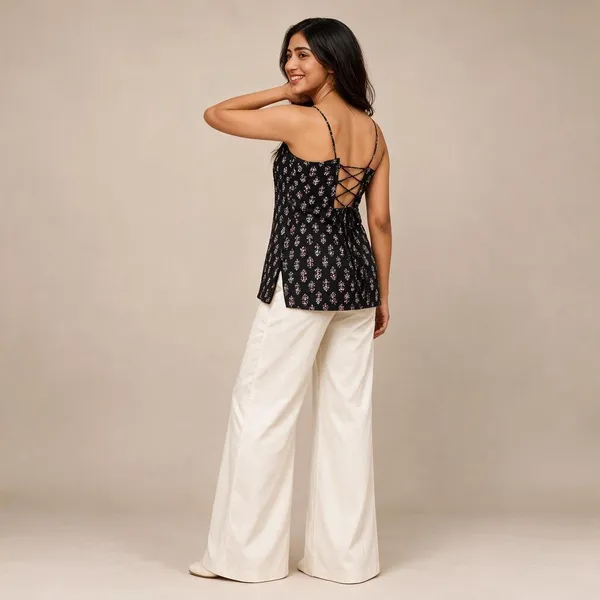Black_Pure_Cotton_Spaghetti_Strap_Floral_Short_Kurti_For_Women