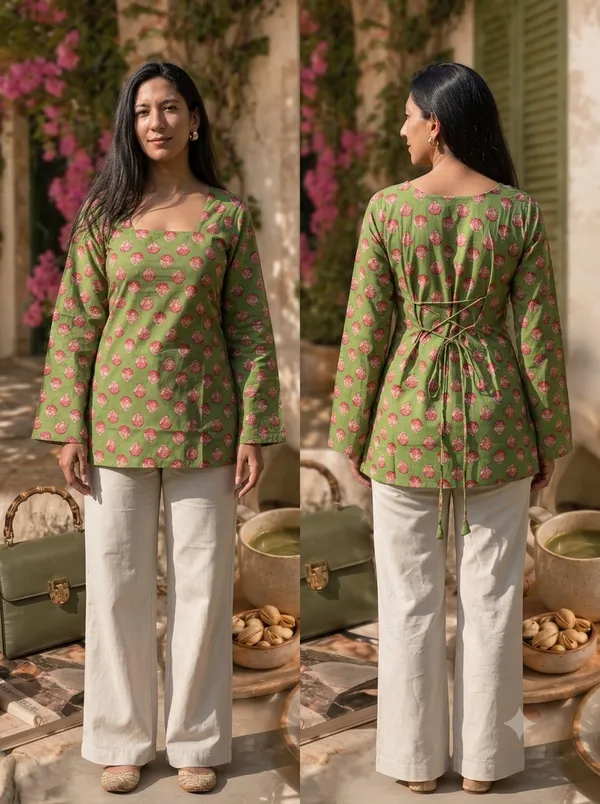 Green_Pure_Cotton_Floral_Print_Short_Kurti_For_Women