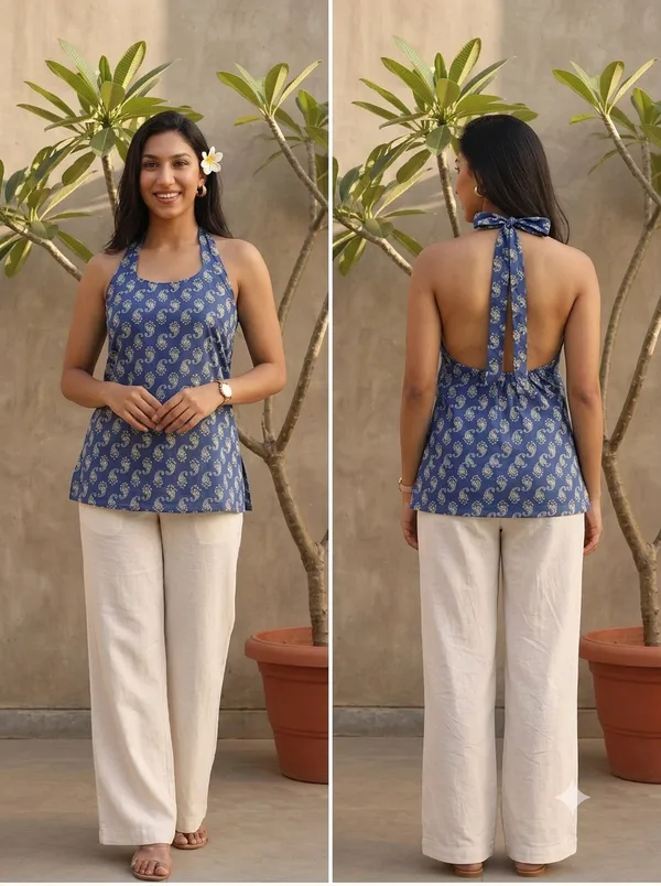 Blue_Pure_Cotton_Sleeveless_Floral_Short_Kurti_For_Women