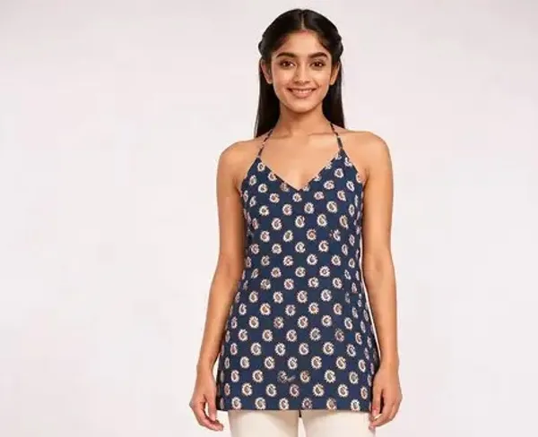 Blue_Pure_Cotton_Sleeveless_Printed_Short_Kurti_For_Women