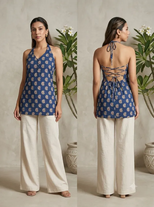 Blue_Pure_Cotton_Sleeveless_Printed_Short_Kurti_For_Women