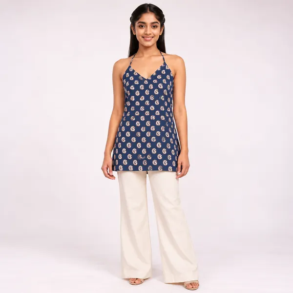 Blue_Pure_Cotton_Sleeveless_Printed_Short_Kurti_For_Women