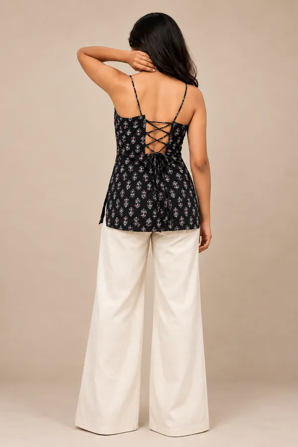 Black_Pure_Cotton_Spaghetti_Strap_Floral_Short_Kurti_For_Women