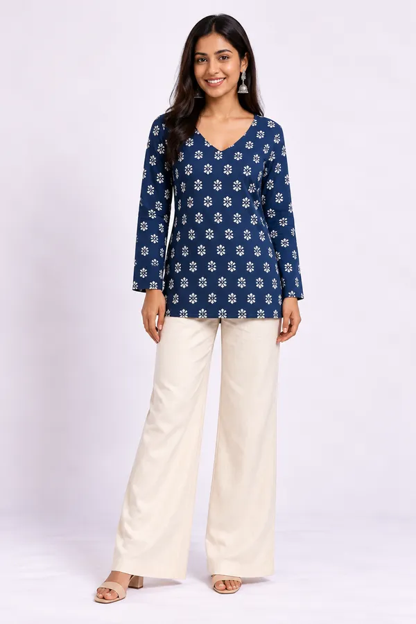 Blue_Pure_Cotton_Straight_Fit_Floral_Short_Kurti_For_Women