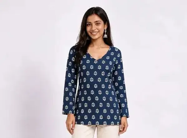 Blue_Pure_Cotton_Straight_Fit_Floral_Short_Kurti_For_Women