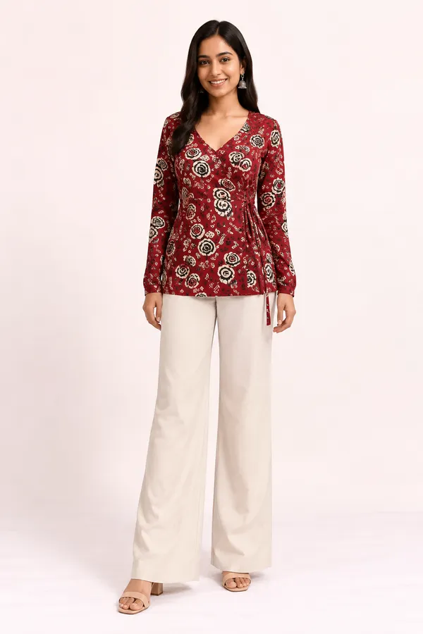 Maroon_Pure_Cotton_Regular_Fit_Floral_Short_Kurti_For_Women