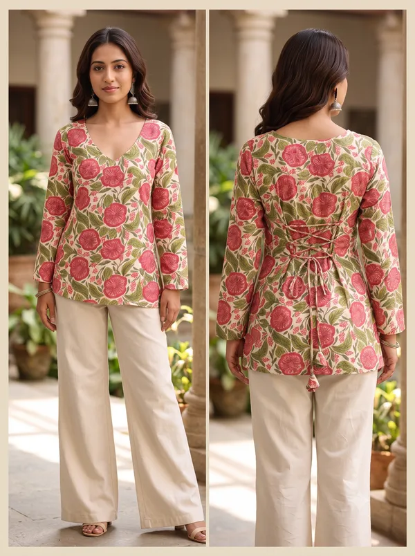 Rangrez_Pink_Pure_Cotton_Floral_Short_Kurti_For_Women