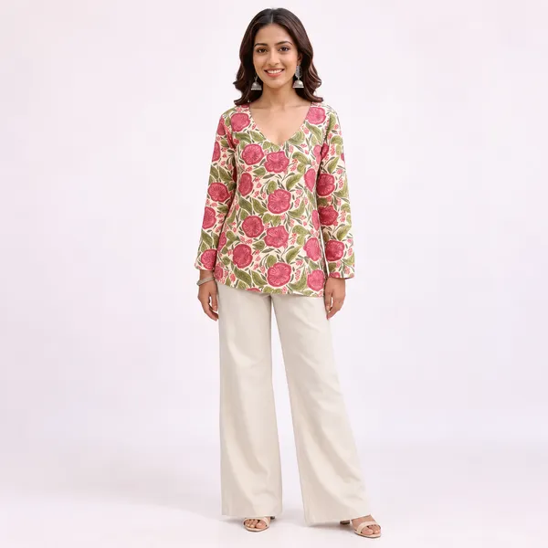 Pink_Pure_Cotton_Corset_Back_Floral_Short_Kurti_For_Women