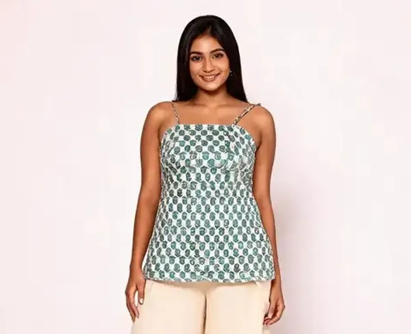 Blue_Pure_Cotton_Geometric_Print_Spaghetti_Short_Kurti_For_Women