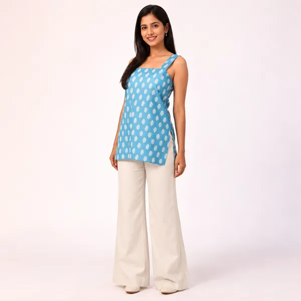 Blue_Pure_Cotton_Sleeveless_Floral_Print_Short_Kurti_For_Women