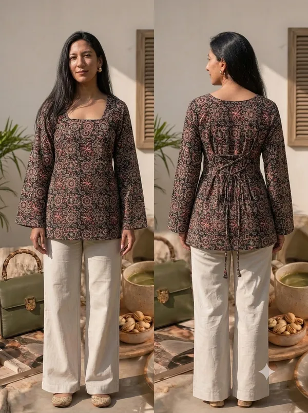 Black_Pure_Cotton_Flared_Sleeve_Floral_Short_Kurti_For_Women