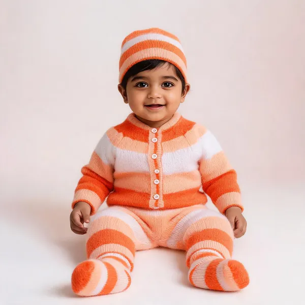 Orange_Knitted_Striped_Winterwear_Set_For_Babies