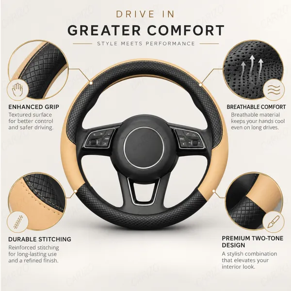 ComfyGrip_Steering_Wheel_Cover_Black_&_Beige_with_Anti-Slip_Sporty_Design