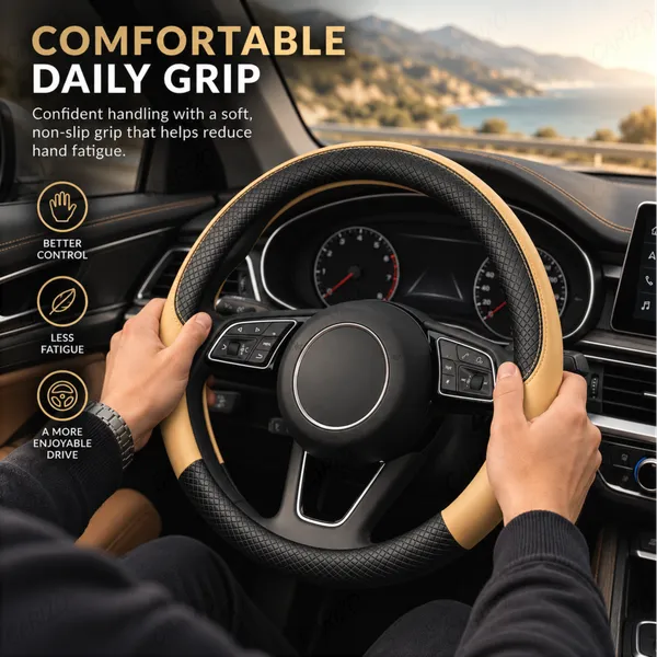 ComfyGrip_Steering_Wheel_Cover_Black_&_Beige_with_Anti-Slip_Sporty_Design