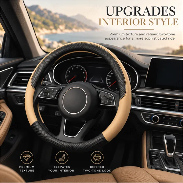 ComfyGrip_Steering_Wheel_Cover_Black_&_Beige_with_Anti-Slip_Sporty_Design
