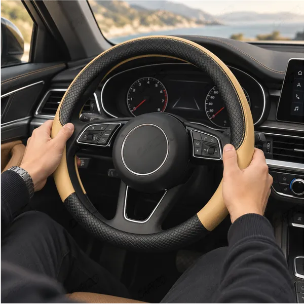 ComfyGrip_Steering_Wheel_Cover_Black_&_Beige_with_Anti-Slip_Sporty_Design