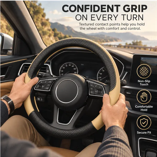 ComfyGrip_Steering_Wheel_Cover_Black_&_Beige_with_Anti-Slip_Sporty_Design