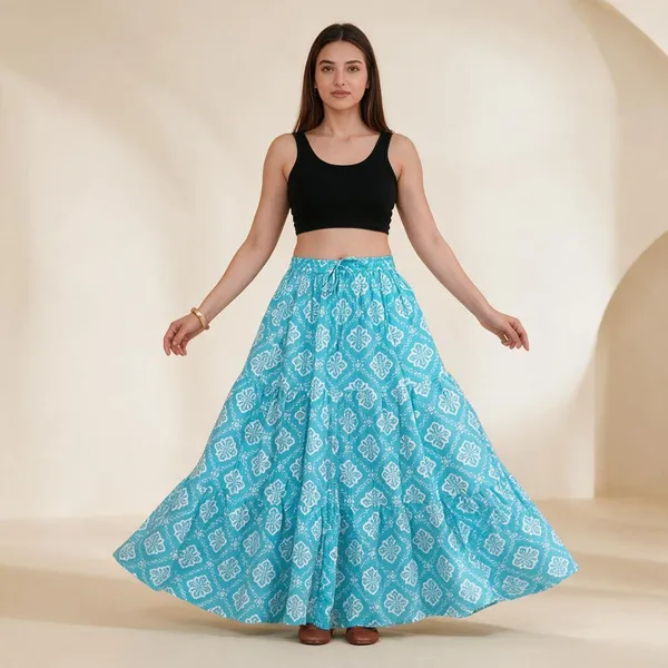 Turquoise_Rayon_Printed_Flared_Maxi_Skirt_For_Women