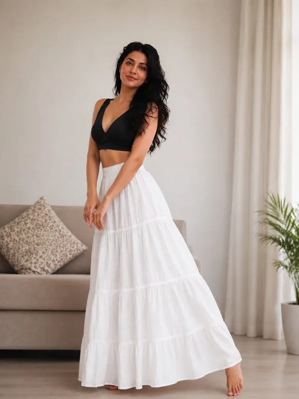 White_Rayon_Tiered_Flared_Maxi_Skirt_For_Women