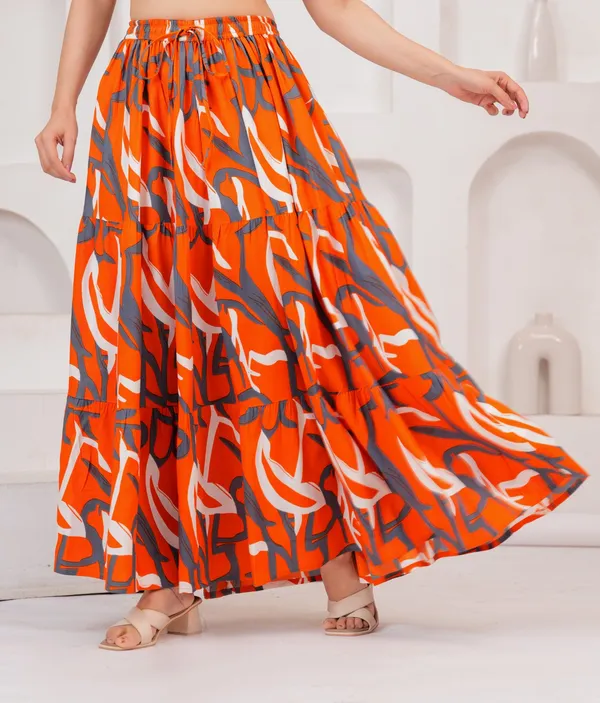 Orange_Rayon_Printed_Flared_Maxi_Skirt_For_Women
