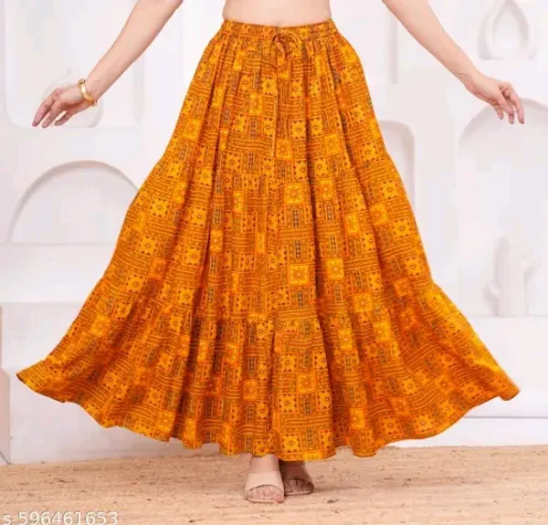 Orange_Rayon_Geometric_Print_Flared_Skirt_For_Women