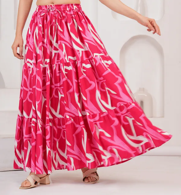 Pink_Rayon_Printed_Flared_Tiered_Skirt_For_Women